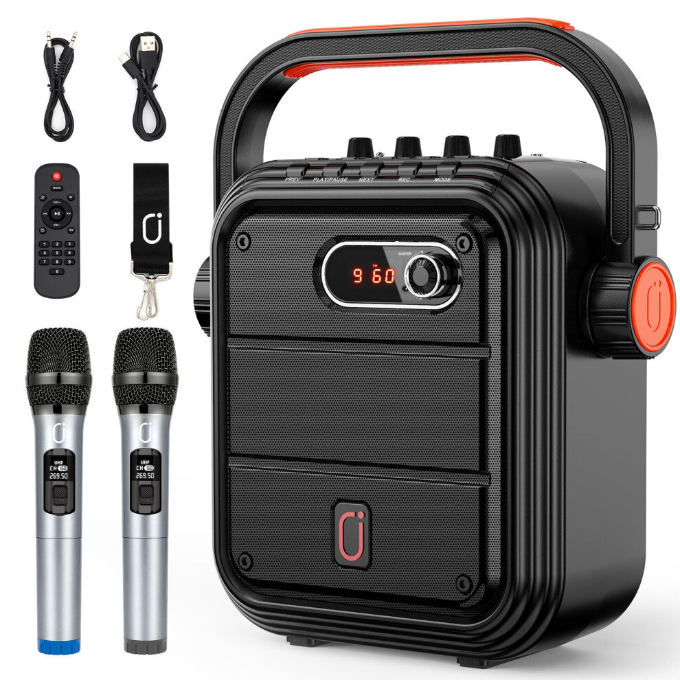 JYX 66BT Karaoke Machine with 2 UHF Wireless Microphones  Portable Bluetooth PA System with Shoulder Strap  Subwoofer Support TWS  Radio  AUX in  REc