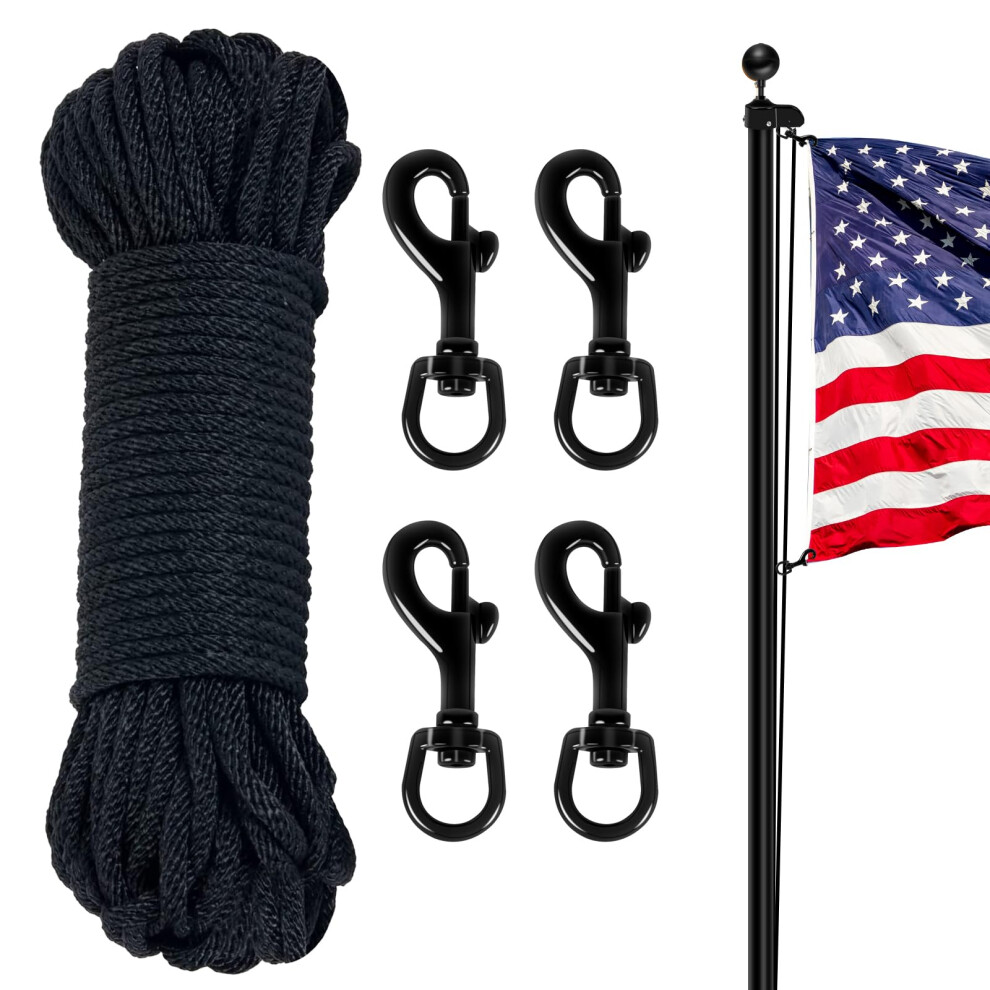 NQ Flag Pole Rope Line Kit50FT x 14 Diameter Nylon Flag Pole Halyard Rope with 4 Pcs Swivel Snap Clips Hooks Fits Flagpole U