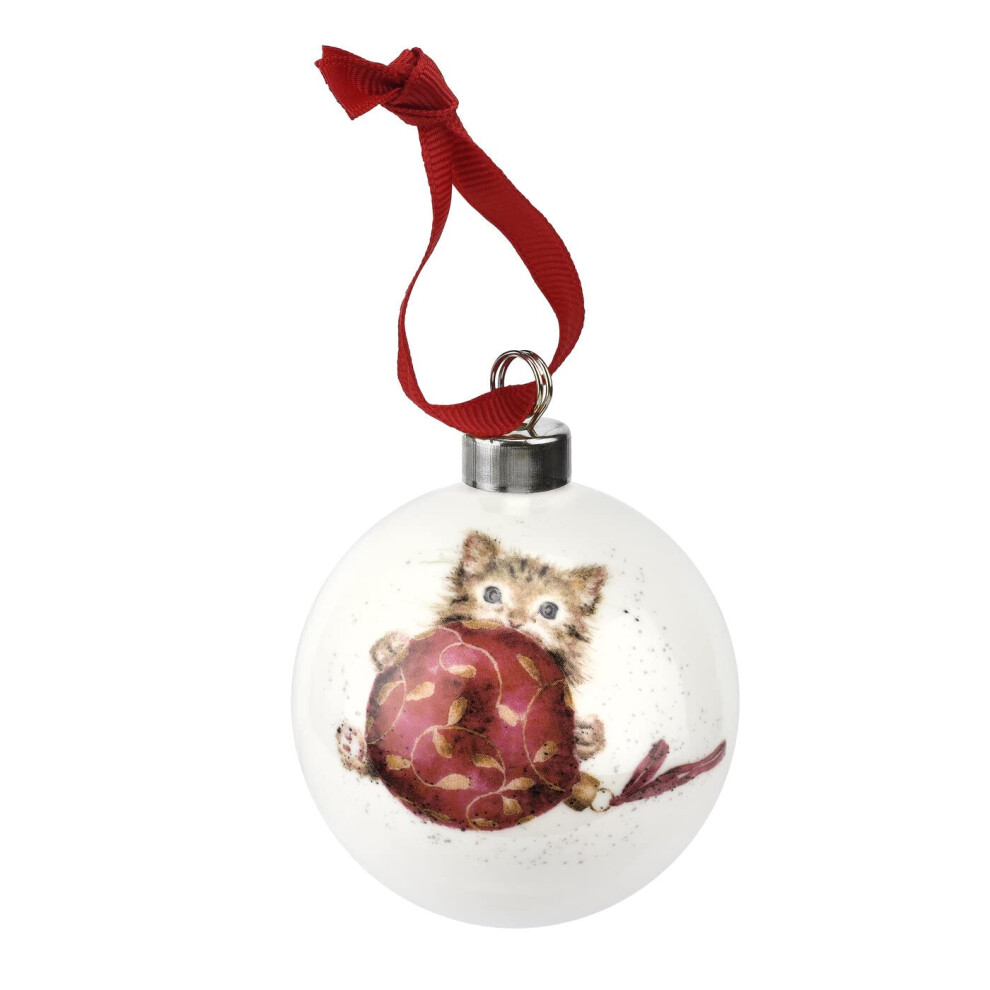 Koninklijk Royal Worcester Wrendale Designs Hanging Ornament | Purrfect Christmas Bauble With Kitten Motif | 2.6 Inch | Made From Fine Bone China | Hanging Chris