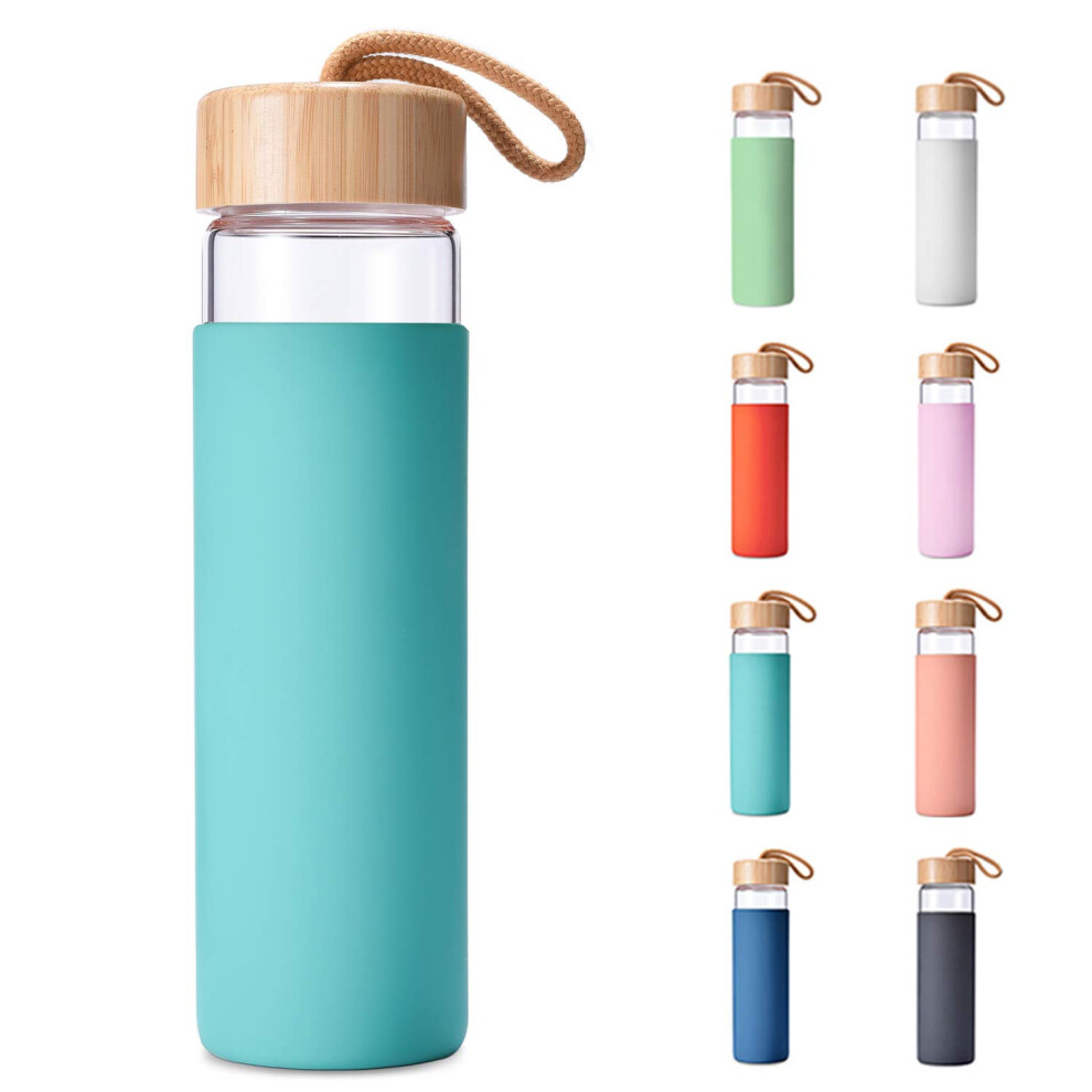 Yomious 20 Oz Borosilicate Glass Water Bottle with Bamboo Lid and Silicone Sleeve - Reusable BPA Free - Glass Drinking Bottle with Lids - Cute Glass B