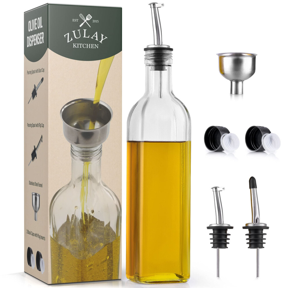 Zulay (17oz) Olive Oil Dispenser Bottle For Kitchen - Glass Olive Oil Bottle With 2 Spouts  2 Removable Corks  2 Caps  & 1 Funnel - Oil Bottle For Kit