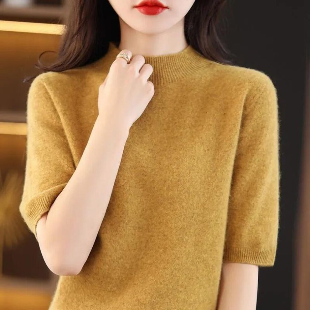 (yellow, XXL) Spring/summer Short Sleeve Sweater Women&apos;s Half Turtleneck Short Loose Five Points Half Sleeve T-shirt Versatile Knitted Bottoming Shirt Women&ap