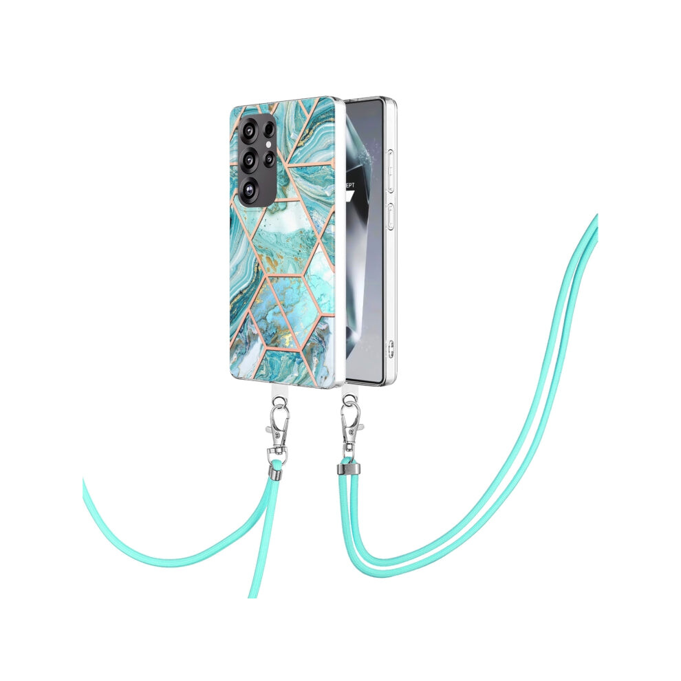 Photos - Case  Electroplating IMD Splicing Dual-side Marble TPU Phone  with Lanyard Blue,(Blue Green, For Samsung Galaxy S24 Ultra 5G)