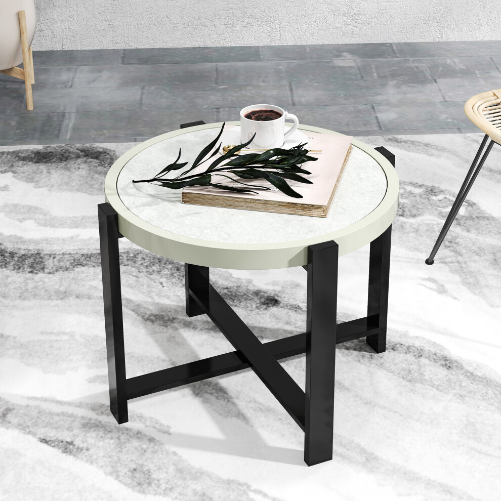 Outsunny Round Small Garden Table With Faux Marble Glass Top, Light Grey