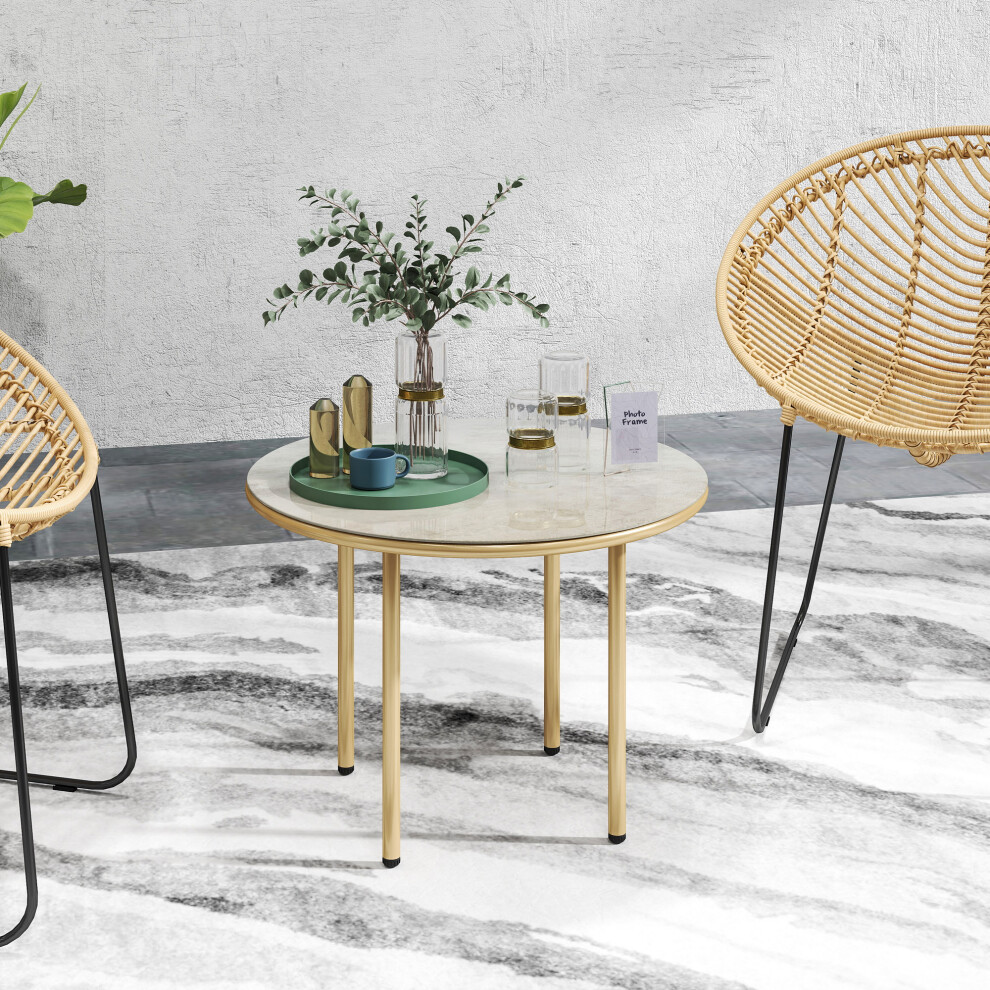 Outsunny Round Small Garden Table With Faux Marble Glass Top, Beige Cream