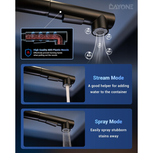 Matt Black Kitchen Taps with Pull Out Spray, Stainless Steel Kitchen Sink Taps Bar Taps, 2 Spray Functions Kitchen Mixer Tap with Pull Down 2