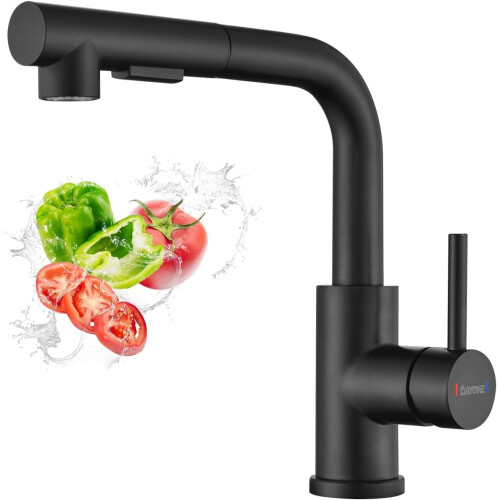 Matt Black Kitchen Taps with Pull Out Spray, Stainless Steel Kitchen Sink Taps Bar Taps, 2 Spray Functions Kitchen Mixer Tap with Pull Down