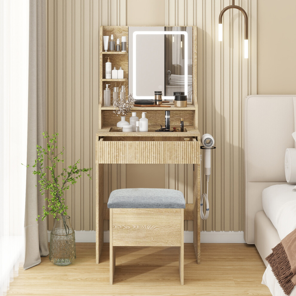 Dressing Table Stool Set 3 Color LED Mirror with Charging Vanity Set