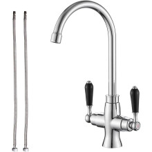 Kitchen Sink Mixer Tap Elegant Black Ceramic Dual Lever Monobloc Swivel Spout Chrome Kitchen Taps with UK Standard Fittings