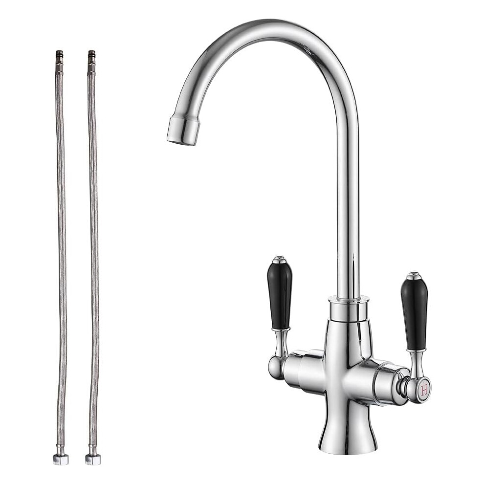 Kitchen Sink Mixer Tap Elegant Black Ceramic Dual Lever Monobloc Swivel Spout Chrome Kitchen Taps with UK Standard Fittings
