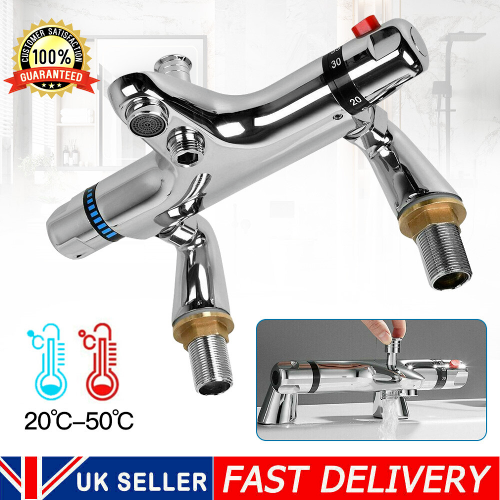 Chrome Bathroom Thermostatic Bath Shower Mixer Taps Deck Mounted Valve Bar UK