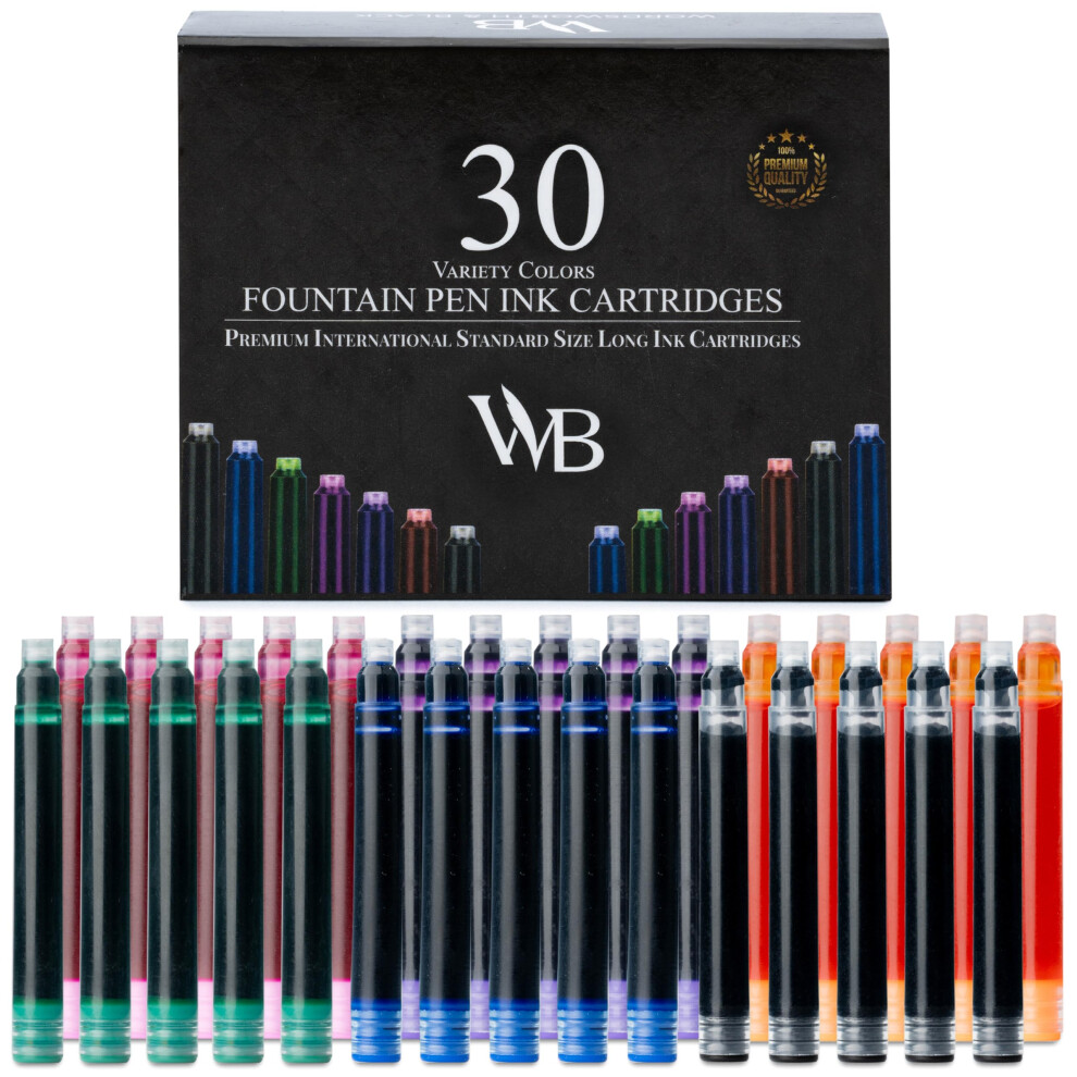 Wordsworth & Black Fountain Pen Ink Refills - Set of 30 Assorted Colors Ink Cartridges - International Standard Size - Length APPR 2.04 Inch