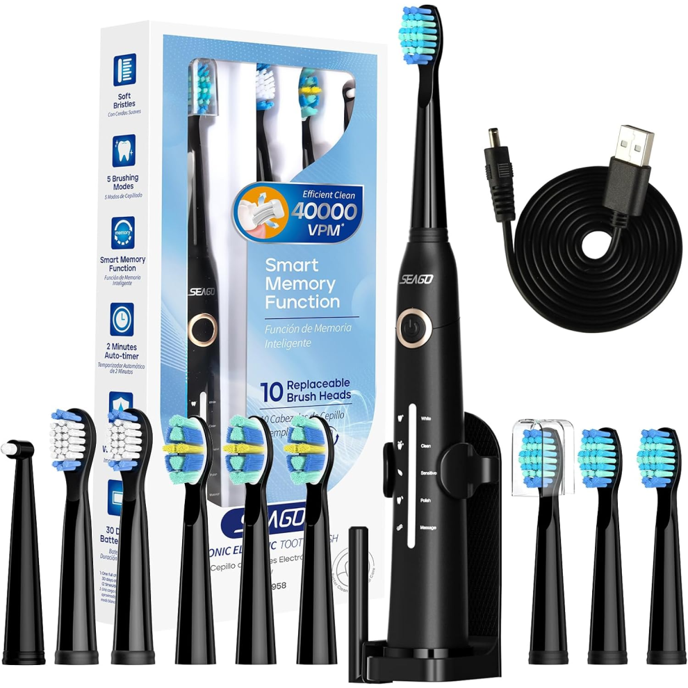 Seago Electric Toothbrushes for Adults, Rechargeable Toothbrush with 10 Heads and Toothbrush Holder, Fast Charge 4 Hour