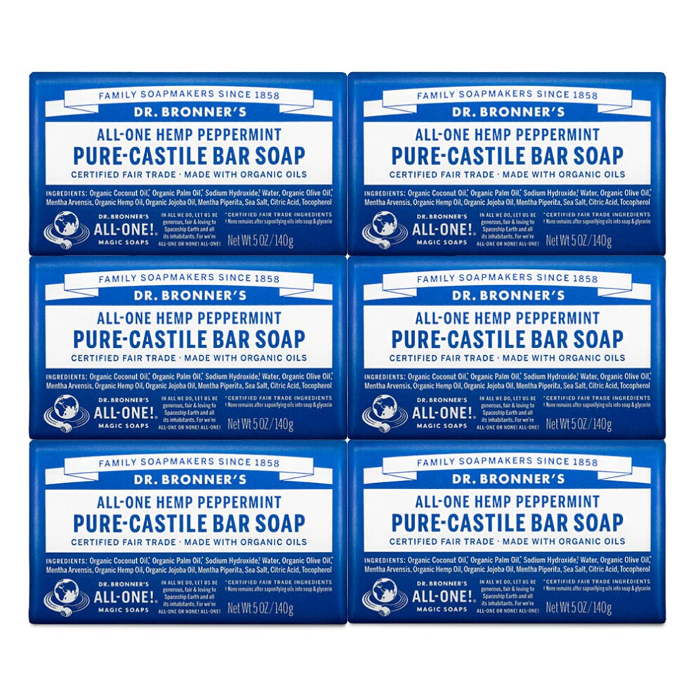 Dr. Bronner 's - Pure-Castile Bar Soap (Peppermint  5 ounce  6-Pack) - Made with Organic Oils  For Face  Body & Hair  Gentle & Moisturizing  Biodegrad