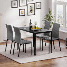 (Black Table & 4 Grey Chair) Dining Table and Chairs Set of 4, Modern Dining Table Set Kitchen Furniture, Marble Effect Dining Table