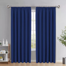 (66" x 72" - (168cm x 183cm), Blue-Pencil Pleat) 100% Blackout Curtains Plain Pencil Pleat Eyelet Ring Top Curtain Pair