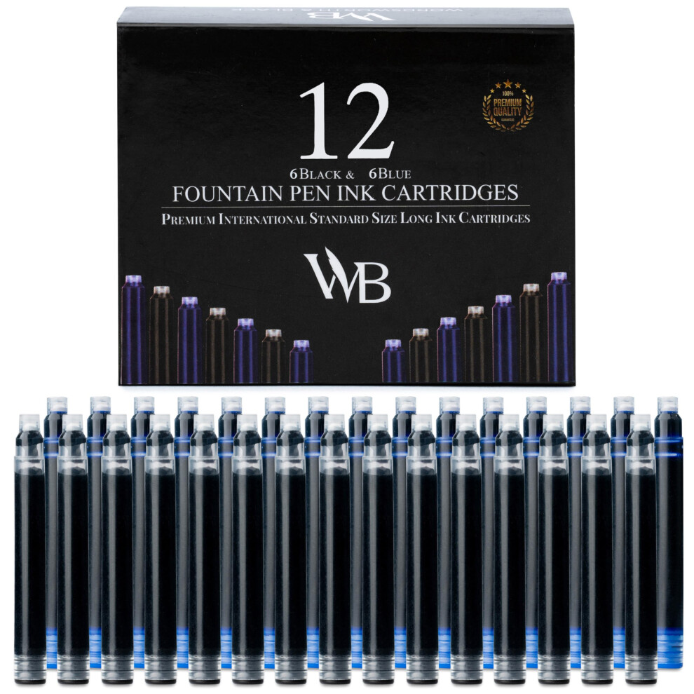 Wordsworth & Black 12 Pack Fountain Pen Ink Refills - Set of 6 Black - 6 Blue Ink Cartridges - International Standard Size - Length APPR 1.5