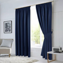 (66" x 90"-(168cm x 228cm), Blue-Pencil Pleat) 100% Blackout Curtains Plain Pencil Pleat Eyelet Ring Top Curtain Pair