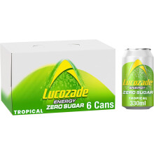 Lucozade Zero Fizzy Drink, Tropical Flavour, Sugar Free, Low Calorie, 6 Pack, 330ml Cans