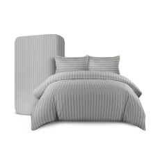 (Duvet Cover Set Super King Bed, Silver Stripe Duvet Cover Complete Set) Soft Duvet Cover Bedding Set 4PC Fitted Sheets UK