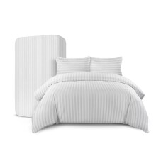 (Duvet Cover Set Double Bed, White Stripe Duvet Cover Complete Set) Soft Duvet Cover Bedding Set 4PC Fitted Sheets UK