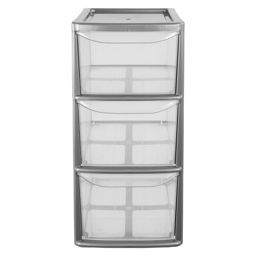 Silver 3 Drawer Storage Tower Unit With Clear Spacious Drawers