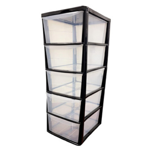 Black 5 Drawer Storage Tower Unit With Clear Spacious Drawers