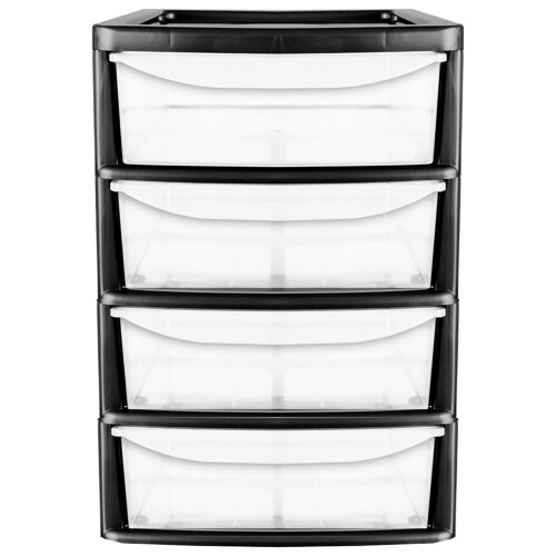 Black 4 Pull Out Drawers A4 Desktop Plastic Storage Drawers