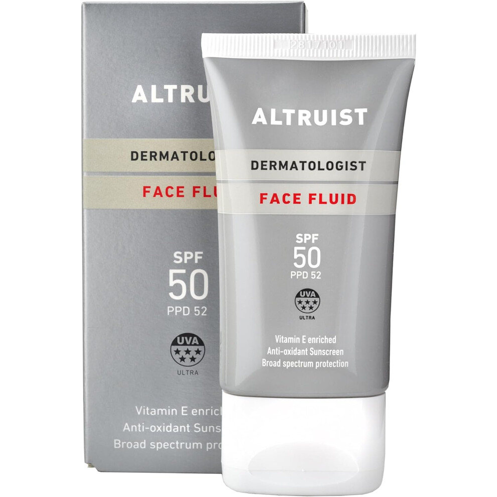 Altruist Dermatologist Sunscreen Fluid SPF  Superior 5star UVA face protection by Dr Andrew Birnie premium antioxidant, White, Unscented, 50 ml