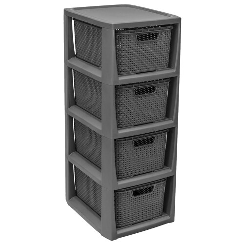 Grey 4 Drawer Stylish Rattan Effect Storage Tower Commode Baskets