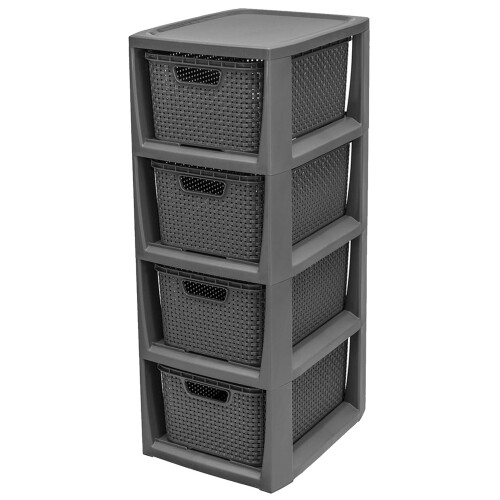 Grey 4 Drawer Stylish Rattan Effect Storage Tower Commode Baskets 2