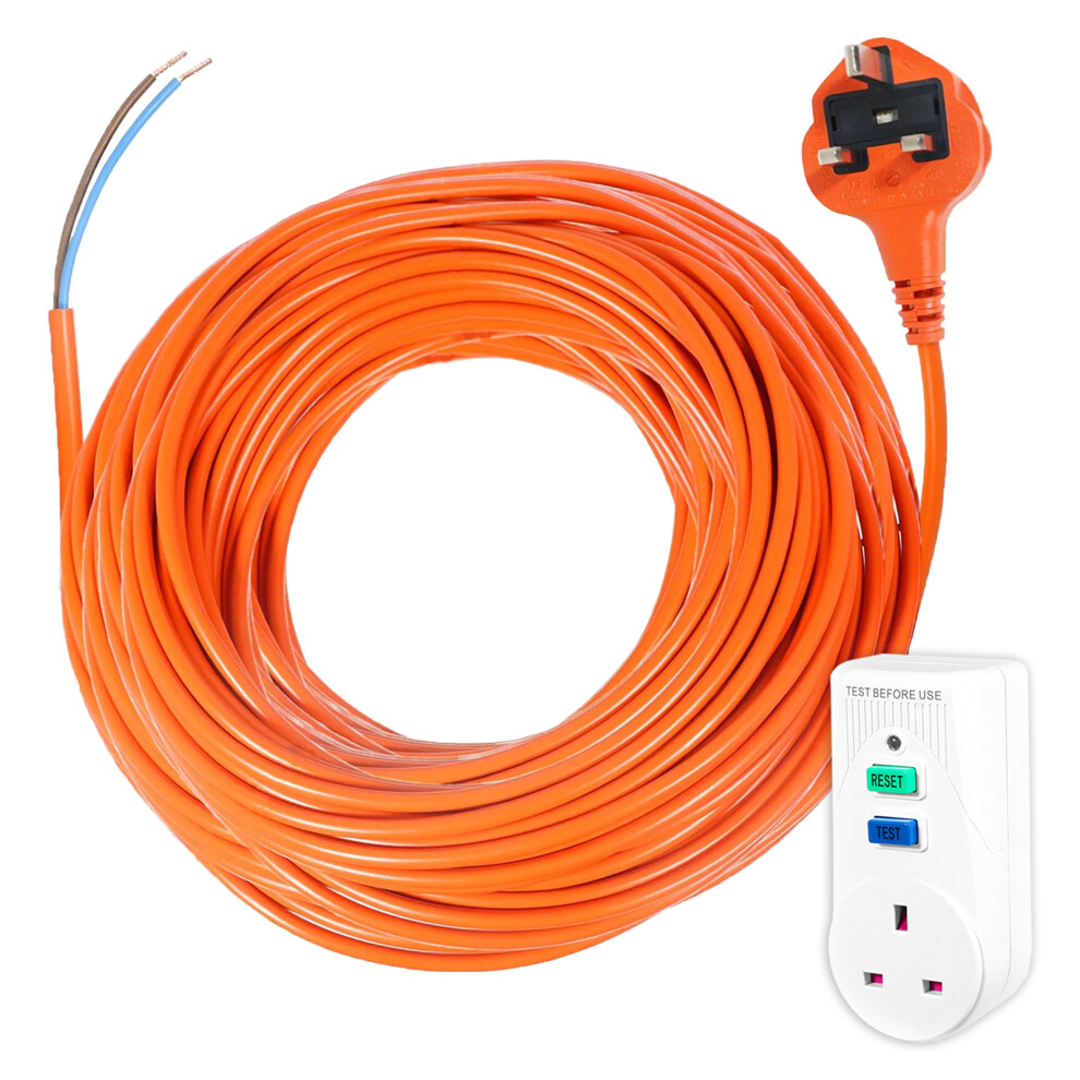 Spares2go Lawnmower Power Cable 20 Metre Mains Lead + Rcd Safety Plug Trip Switch Adaptor