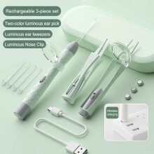(Picture set 2)Luminous Ear Spoon Set Ear Wax Removal Cleaning Tweezers LED Light Earpick Nose Clip Children Adults Ear Care Tools Kit USBcharg
