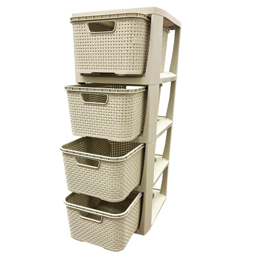 Cream 4 Drawer Stylish Rattan Effect Storage Tower Commode Baskets