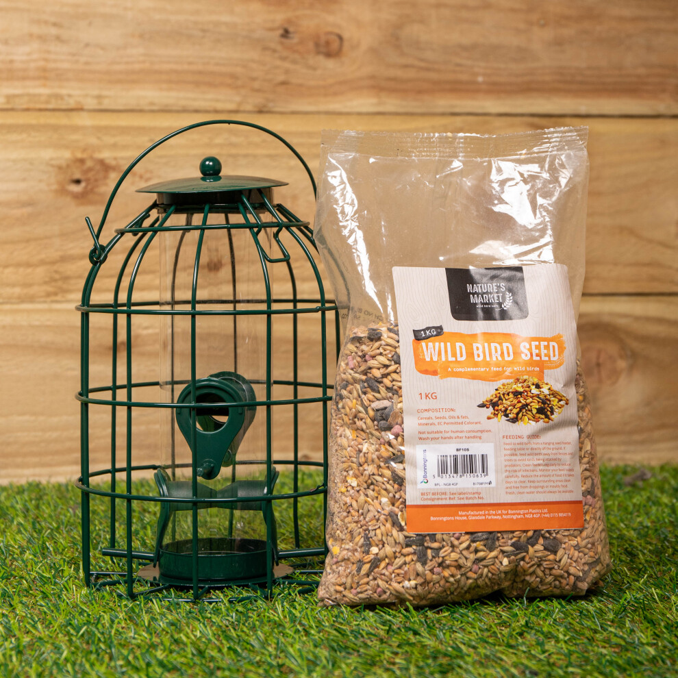 Samuel Alexander Metal Hanging Bird Seed Feeder with Squirrel Guard & Pack of Seed Feed