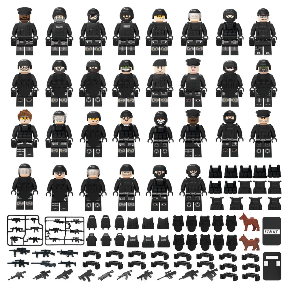 Xurikcoo 30Pcs Military Soldiers Swat Jeeps Minifigures Toys Fit Lego Black