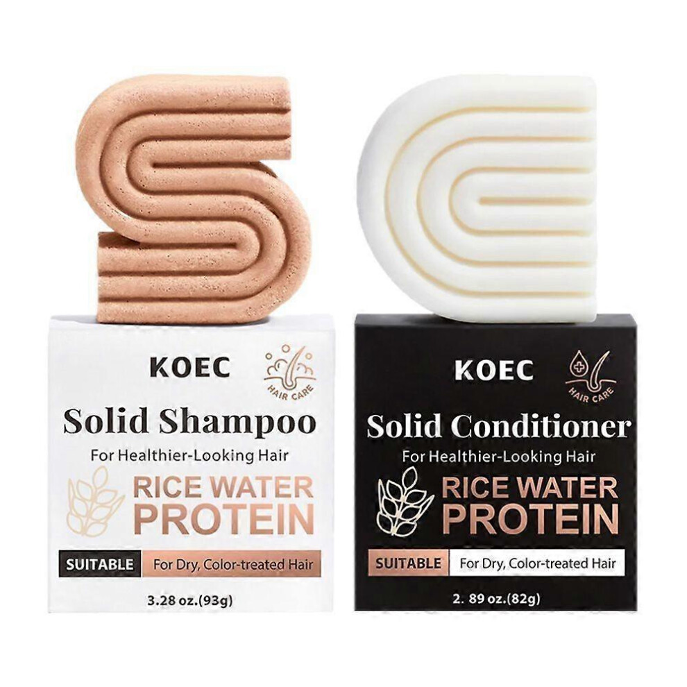 (1 SET) Rice & Protein Bar Shampoo & Conditioner Set for Hair Growth - Solid Shampoo & Conditioner Bar Set for Strengthening Hair - Hair Thickening & Nourishi