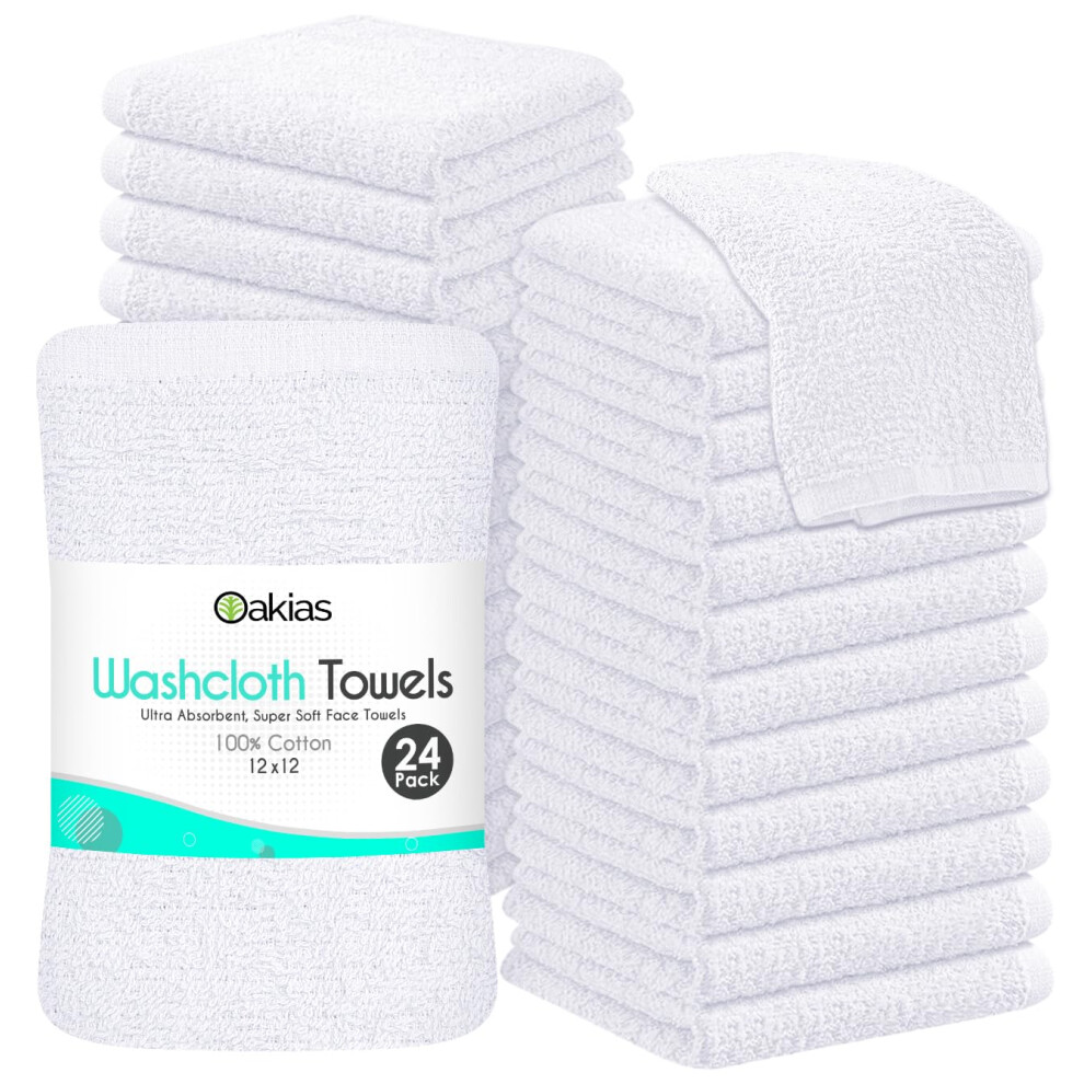 Oakias 100% Cotton Wash Cloths 24 Pack White - 12 x 12 Inches Ring Spun Cotton Facial Towels - Highly Absorbent Quick Dry Spa Towels - Bulk Washcloths