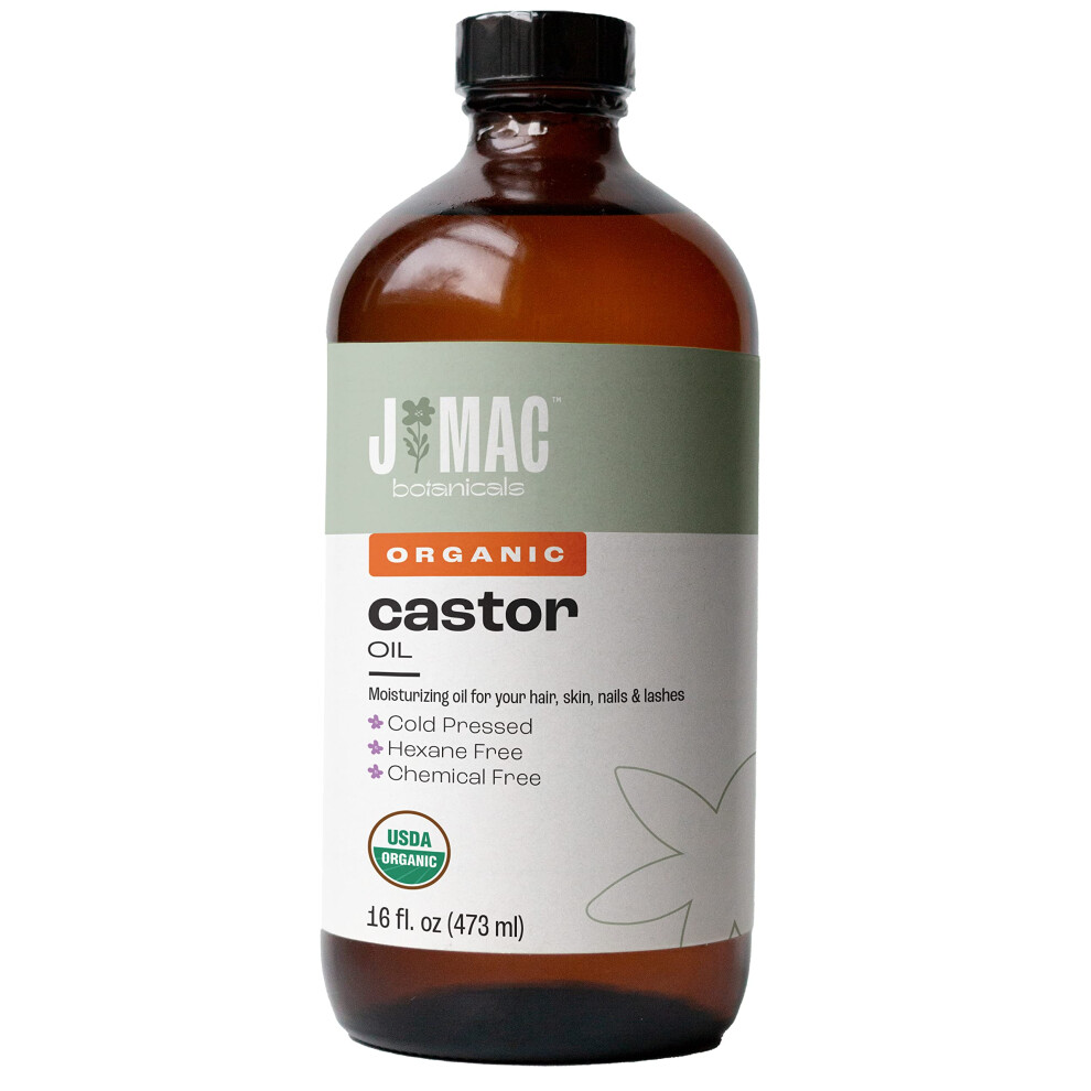 J MAC BOTANICALS Organic Castor Oil Cold Pressed (Glass Bottle  16 oz)  pure castor oil  hexane free  castor oil for face  skin  castor oil for eyelas