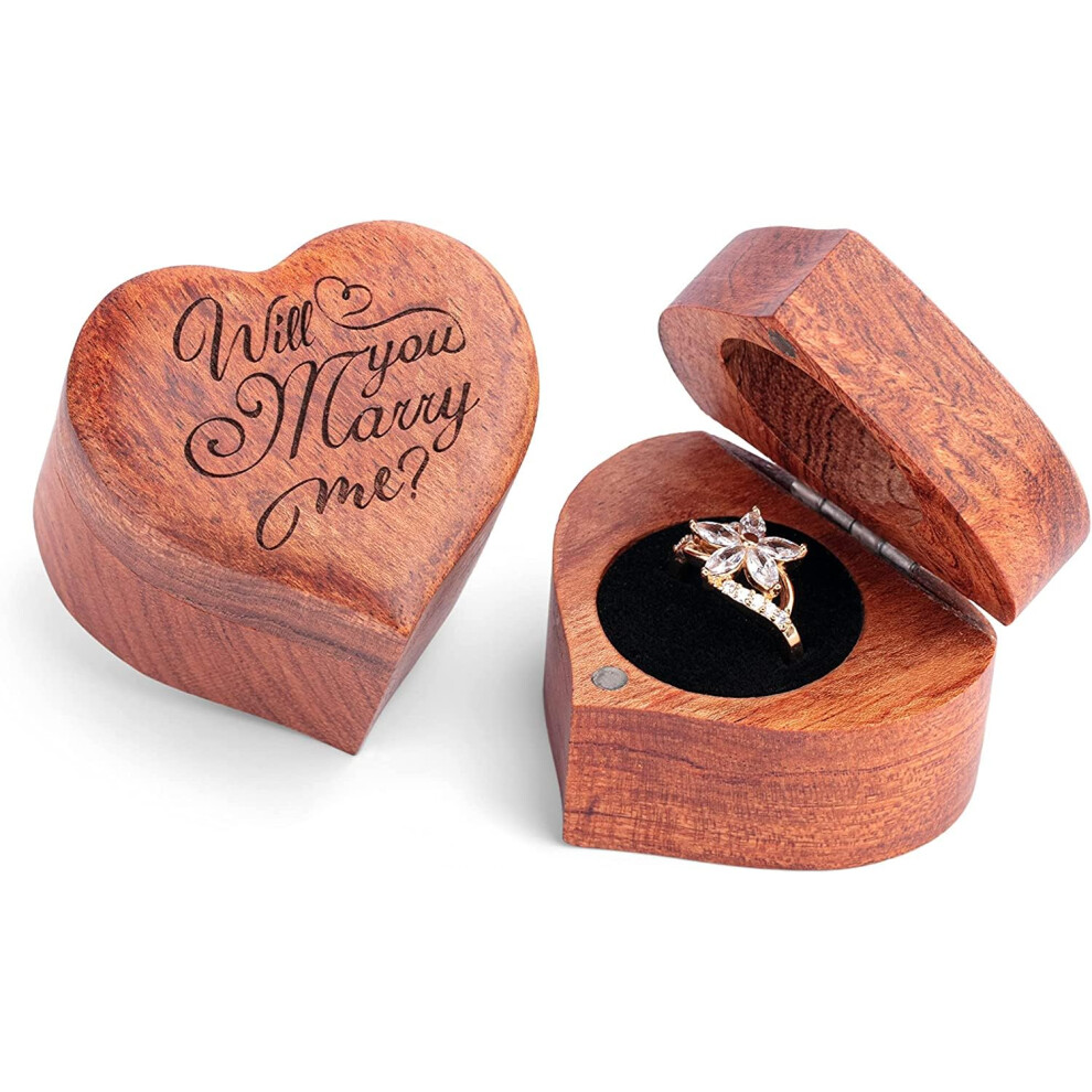 MONYCraft Ring Box Heart - Handmade Wooden Ring Box for Proposal  Engagement Ring Box Wood  Unique Proposal Ring Box Engraved With Will you marry me?