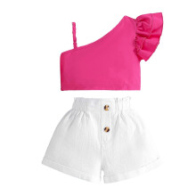 (120cm,Red)Summer Girl's Fashion Off-Shoulder Top Pants Set Versatile Comfy Casual Clothing for Home/Trip/Daily