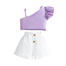 (130cm,Purple)Summer Girl's Fashion Off-Shoulder Top Pants Set Versatile Comfy Casual Clothing for Home/Trip/Daily