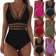 (XL,Green)Solid-Color Deep V Neck Mesh Hollow Swimsuit Quick Drying Comfy Soft Swimwear for Swimming Pool