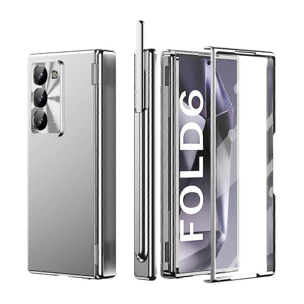 (Silver) Magnetic Hinge Protection Case for Samsung Galaxy Z Fold 6 with Front Screen Protector & S Pen Holder