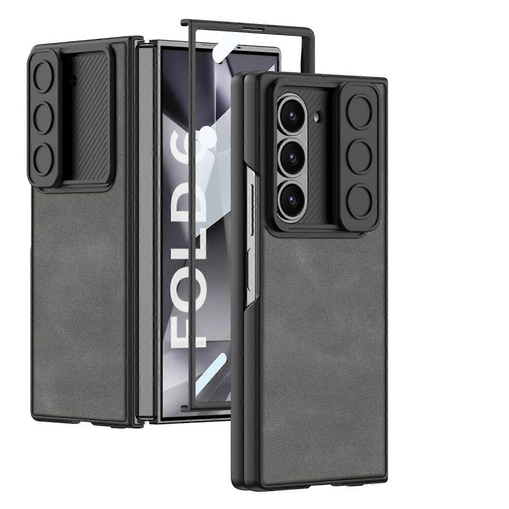 (Gray) PU Leather + Hard PC Shell Ultra Thin Slim Case for Samsung Galaxy Z Fold 6 Built-in Screen Protector & Sliding Camera Lens Cover