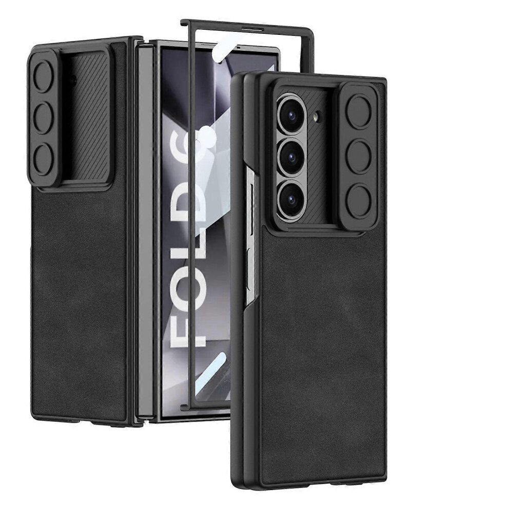 (Black) PU Leather + Hard PC Shell Ultra Thin Slim Case for Samsung Galaxy Z Fold 6 Built-in Screen Protector & Sliding Camera Lens Cover