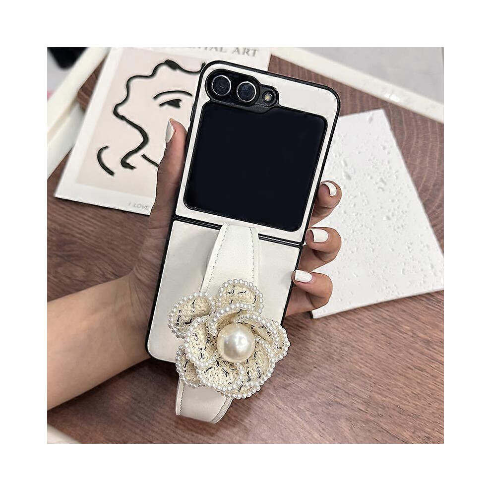 (White) Weave Pattern Phone Case with Pearl Flower Wrist Strap for Samsung Galaxy Z Flip 6