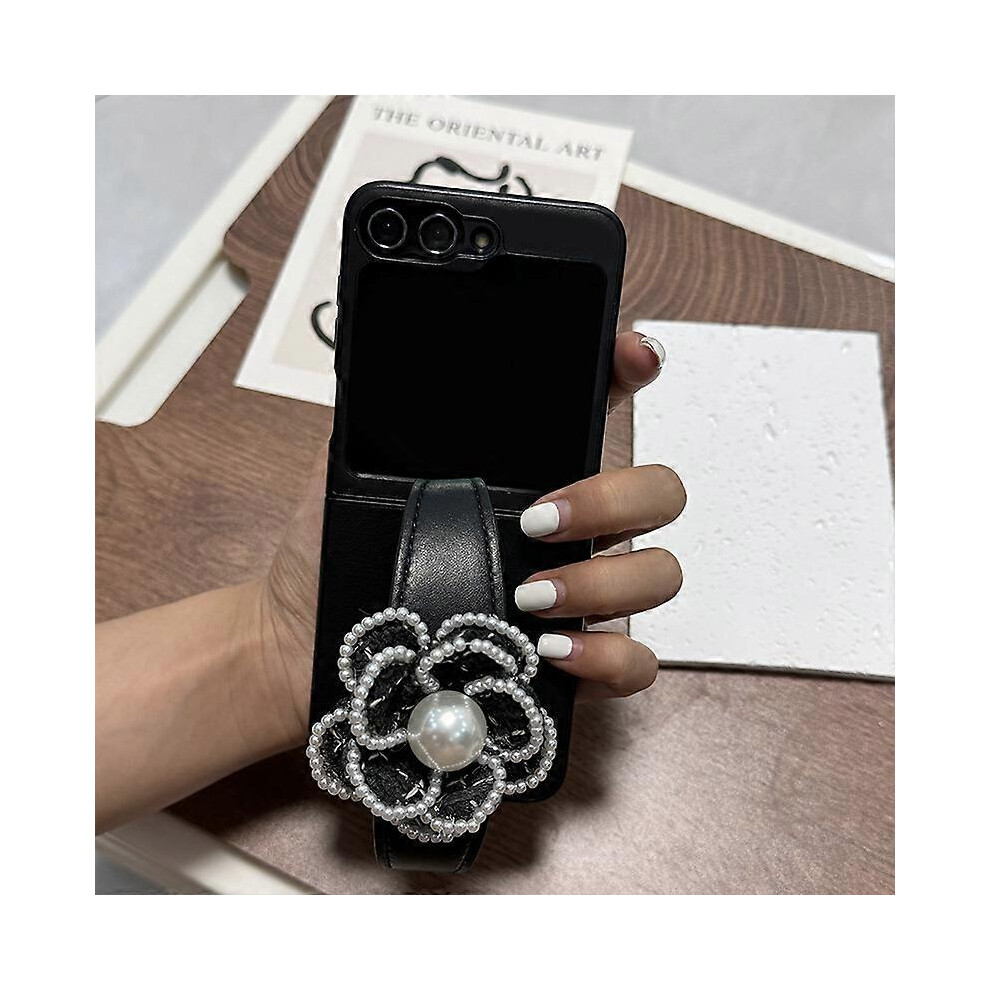 (Black) Weave Pattern Phone Case with Pearl Flower Wrist Strap for Samsung Galaxy Z Flip 6