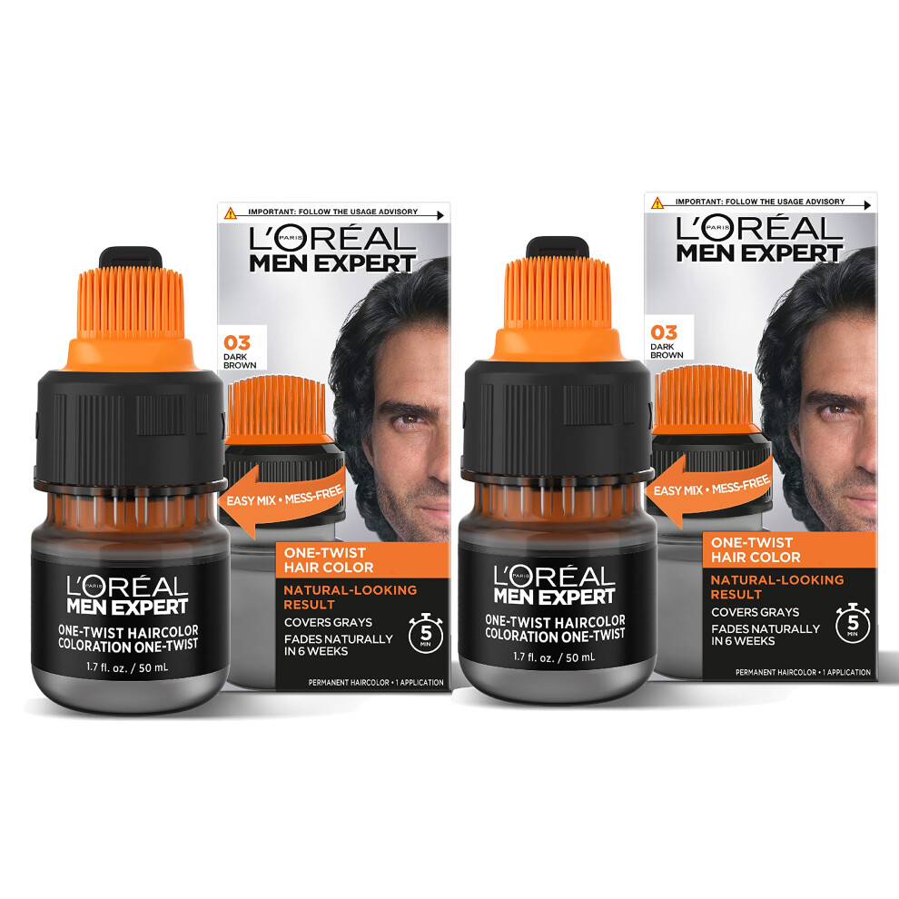 LOreal Paris Men Expert One Twist Mess Free Permanent Hair Color  Mens Hair Dye to Cover Grays  Easy Mix Ammonia Free Application  Dark Brown 03  2 Ap