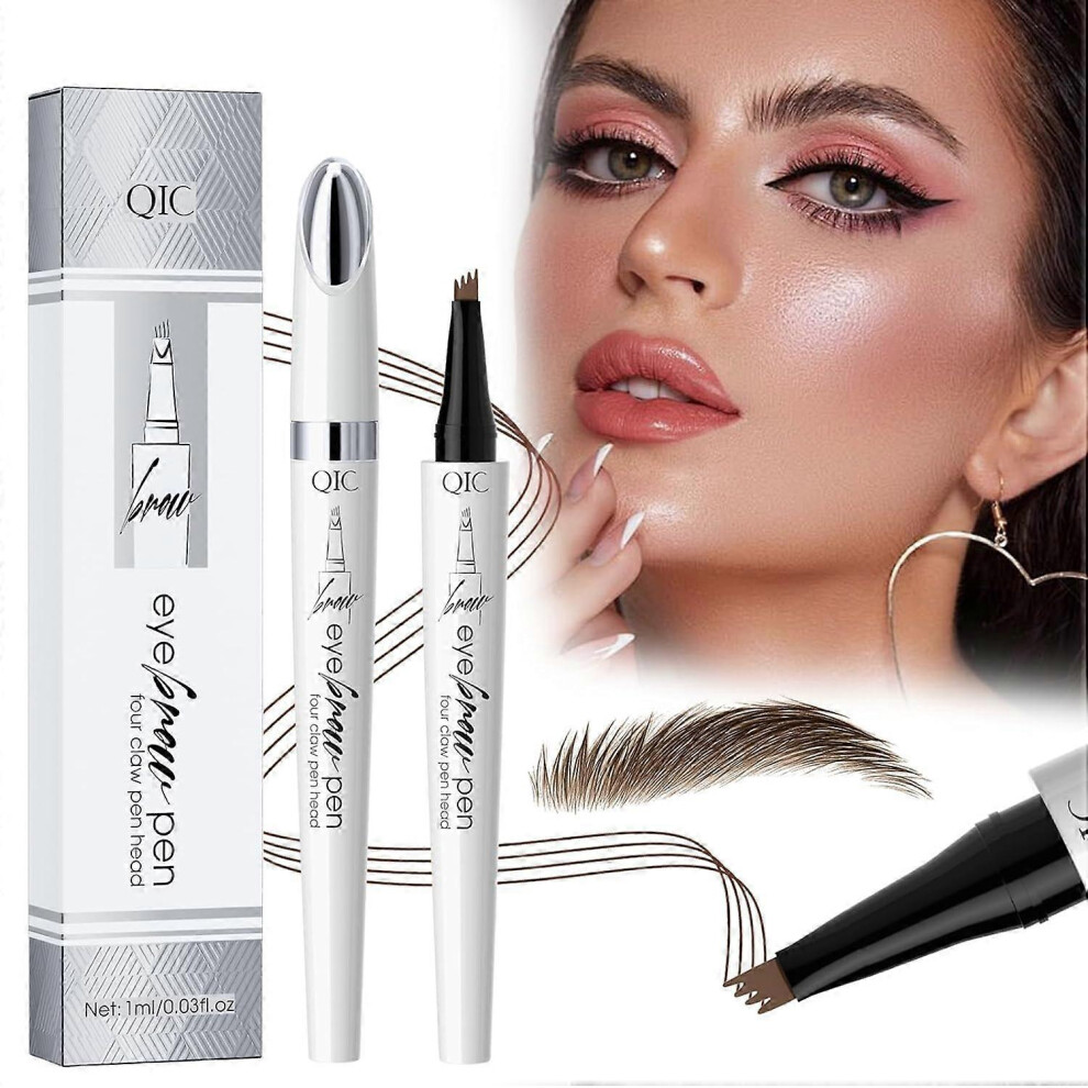 (Light brown) Waterproof Eyebrow Pencil, 3D Micro Eyebrow Pencil with 4 Fork Tip Applicator, Waterproof Eyebrow Pencil for Natural Eyebrow